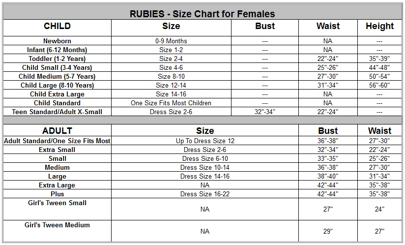 Rubies Child Size Chart